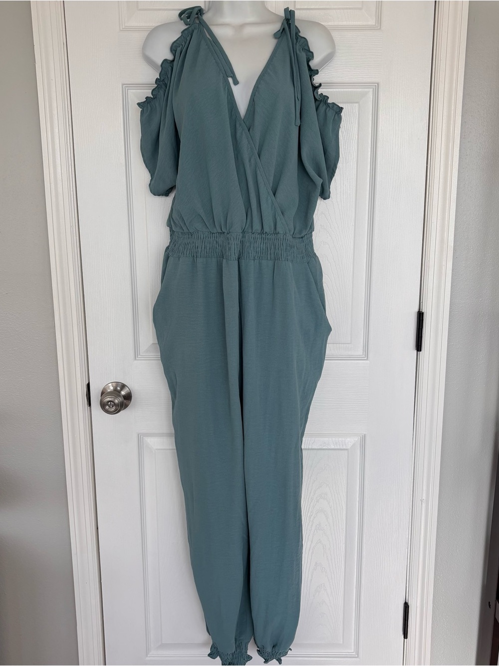 Wrap-Front Cold-Shoulder Jumpsuit in Sage